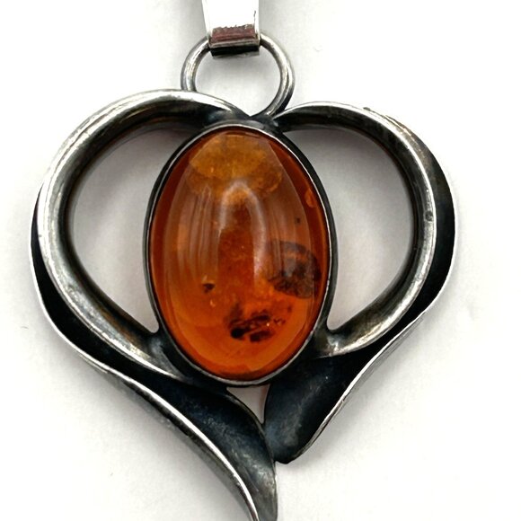 Vintage Baltic Amber Heart Pendant Necklace Sterling Silver 925 17” Chain - Picture 6 of 15
